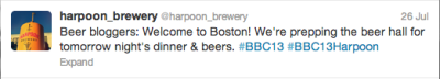 Harpoon Brewery gives a shout out to the Beer Blogging Crew in town for the Beer Bloggers Converence