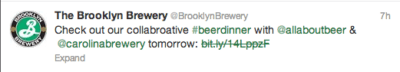 Brooklyn Brewery lets their Twitter followers know about an upcoming beer dinner