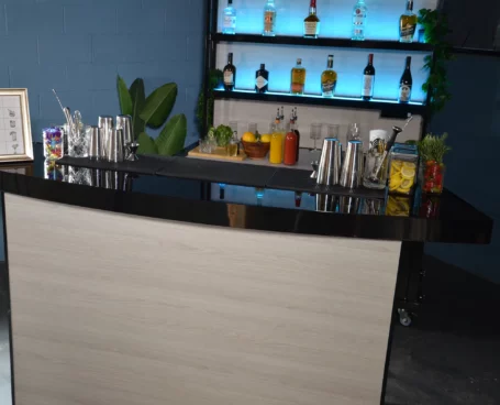 Curved counter professional portable bar closeup Curved counter professional portable bar closeup